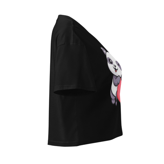 Winking Panda Heart Crop Top – Cute Black Graphic Tee