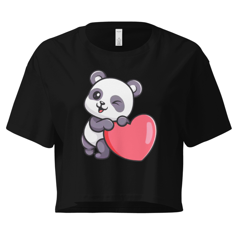 Winking Panda Heart Crop Top – Cute Black Graphic Tee