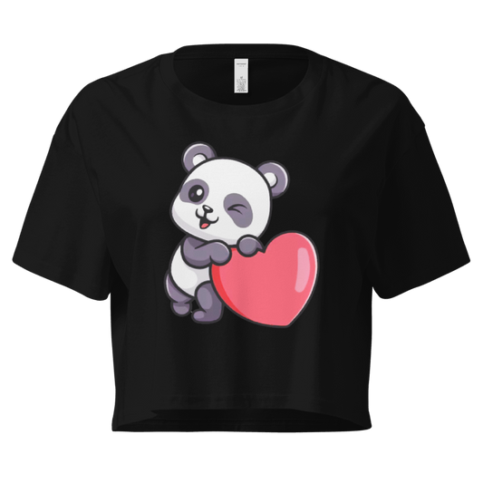 Winking Panda Heart Crop Top – Cute Black Graphic Tee